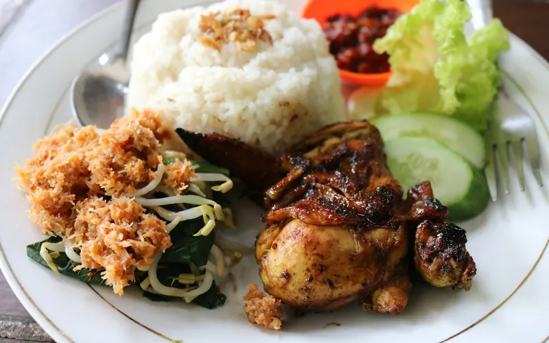 Rice with grilled chicken, spiced coconut, bean sprouts and sambal on a white plate